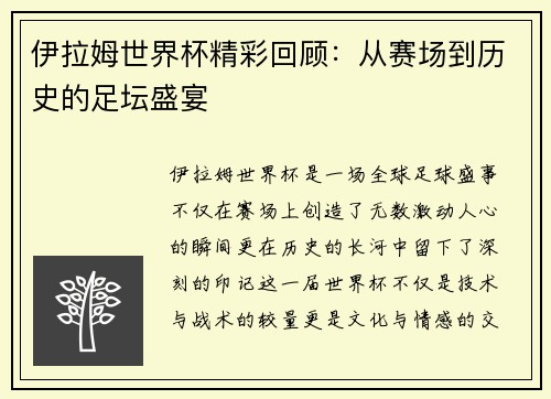 伊拉姆世界杯精彩回顾：从赛场到历史的足坛盛宴